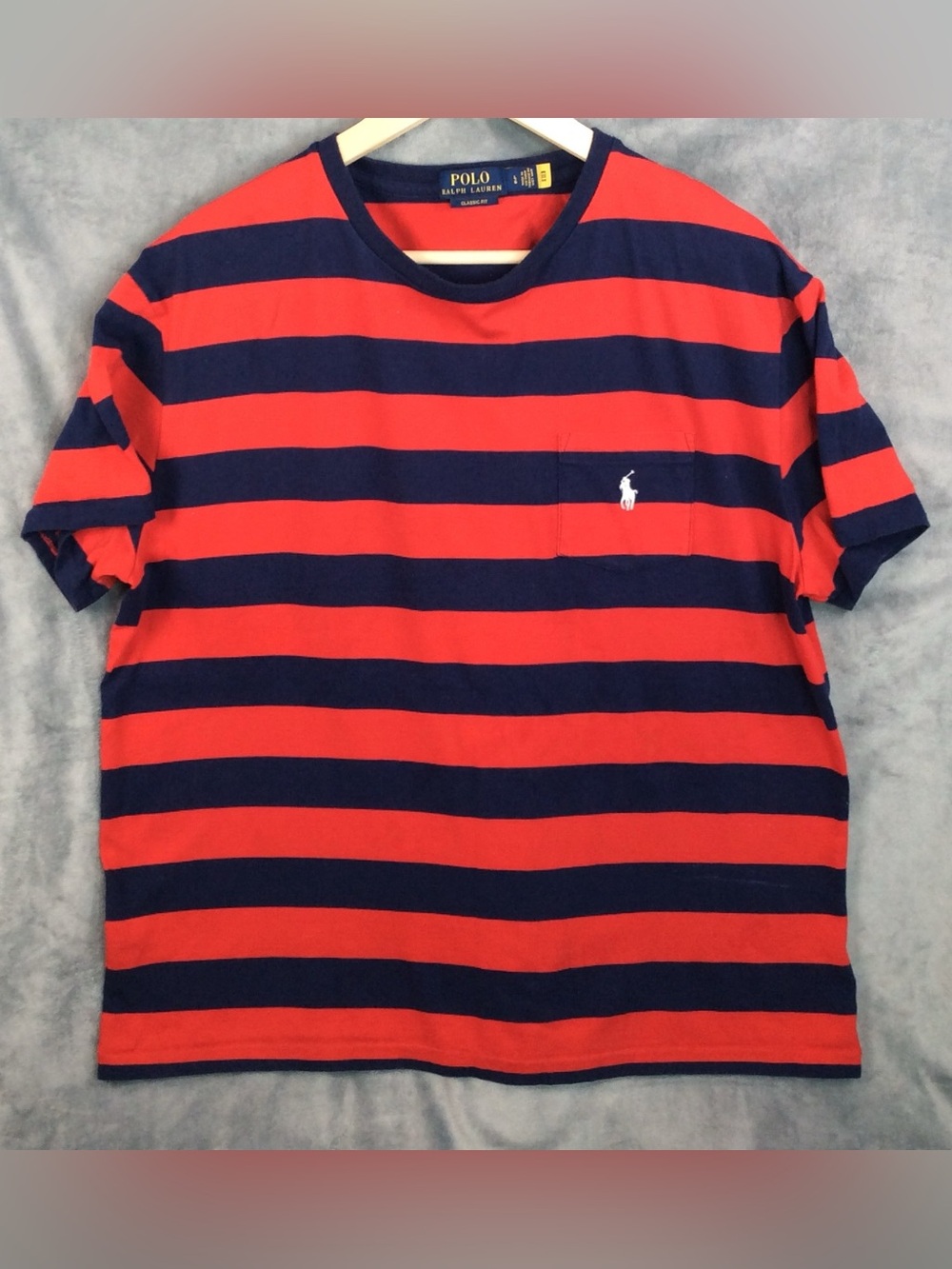 Polo by Ralph Lauren Red and Navy Striped Short Sleeve Pocket Tee